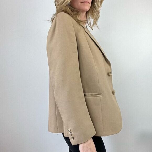 Vintage Women’s Medium Tan Wool Classic Suit Jacket Blazer Sports Coat 2 Button - Picture 4 of 14